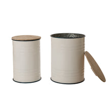 Load image into Gallery viewer, White Farmhouse Metal Enamel Storage Accent Table or Stool with Round Wood Lid, Set of 2
