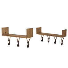 Load image into Gallery viewer, S/2 Farmhouse Wooden/Iron Wall Shelves with Hooks