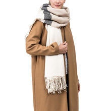 Load image into Gallery viewer, Women Oversized Cream and Black Stripe Scarf with Tassels
