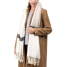 Load image into Gallery viewer, Women Oversized Cream and Black Stripe Scarf with Tassels