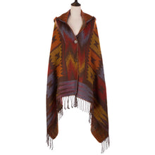 Load image into Gallery viewer, Women Oversized Patterned Poncho Shawl Hoodie with 2 Button Closure and Tassels