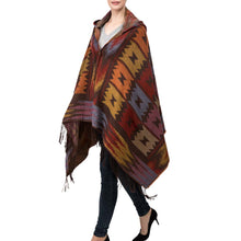 Load image into Gallery viewer, Women Oversized Patterned Poncho Shawl Hoodie with 2 Button Closure and Tassels
