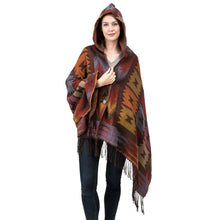 Load image into Gallery viewer, Women Oversized Patterned Poncho Shawl Hoodie with 2 Button Closure and Tassels