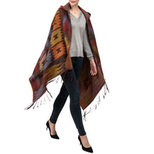 Load image into Gallery viewer, Women Oversized Patterned Poncho Shawl Hoodie with 2 Button Closure and Tassels
