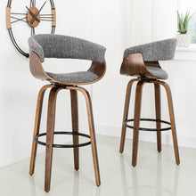 Load image into Gallery viewer, Mid-century Modern Gray Fabric/Walnut Bentwood Swivel Bar Stool, Set of 2