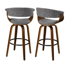 Load image into Gallery viewer, Mid-century Modern Gray Fabric/Walnut Bentwood Swivel Bar Stool, Set of 2