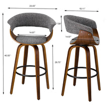 Load image into Gallery viewer, Mid-century Modern Gray Fabric/Walnut Bentwood Swivel Bar Stool, Set of 2