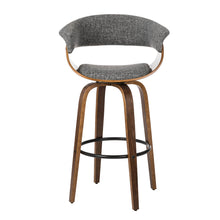Load image into Gallery viewer, Mid-century Modern Gray Fabric/Walnut Bentwood Swivel Bar Stool, Set of 2