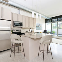 Load image into Gallery viewer, Pale Grey Fabric/Leatherette Bar Stool with Back and Tapered Metal Legs, Set of 2