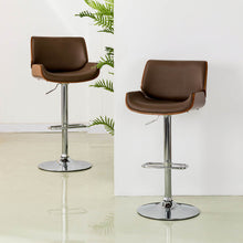 Load image into Gallery viewer, Mid-century Modern Leather Yellowish-brown Adjustable Height Swivel Bar Stool, Set of 2