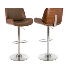 Load image into Gallery viewer, Mid-century Modern Leather Yellowish-brown Adjustable Height Swivel Bar Stool, Set of 2
