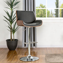 Load image into Gallery viewer, Mid-century Modern Black PU and Walnut Bentwood Adjustable Height Swivel Bar Stool
