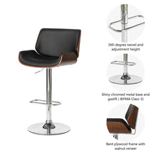 Load image into Gallery viewer, Mid-century Modern Black PU and Walnut Bentwood Adjustable Height Swivel Bar Stool