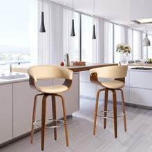 Load image into Gallery viewer, Mid-century Modern Cream PU Leather/Walnut bentwood Swivel Bar Chair, Set of 2