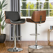 Load image into Gallery viewer, Mid-century Modern Black PU and Walnut Bentwood Adjustable Height Swivel Bar Stool, Set of 2