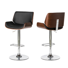 Load image into Gallery viewer, Mid-century Modern Black PU and Walnut Bentwood Adjustable Height Swivel Bar Stool, Set of 2