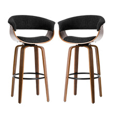 Load image into Gallery viewer, Mid-century Modern Dark Blue Fabric/Walnut Bentwood Swivel Bar Chair, Set of 2