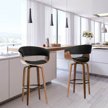 Load image into Gallery viewer, Mid-century Modern Dark Blue Fabric/Walnut Bentwood Swivel Bar Chair, Set of 2