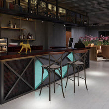 Load image into Gallery viewer, 43"H Rustic Steel Bar Stool with Solid Elm Wood Seat and Back Support, Set of 2