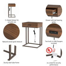 Load image into Gallery viewer, 26"H Modern Industrial Brown Wood/Metal C Side & End Table with a Drawer and 2 USB Charging Ports