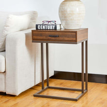 Load image into Gallery viewer, 26"H Modern Industrial Brown Wood/Metal C Side & End Table with a Drawer and 2 USB Charging Ports