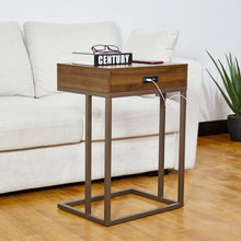 Load image into Gallery viewer, 26"H Modern Industrial Brown Wood/Metal C Side & End Table with a Drawer and 2 USB Charging Ports
