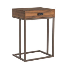 Load image into Gallery viewer, 26"H Modern Industrial Brown Wood/Metal C Side & End Table with a Drawer and 2 USB Charging Ports