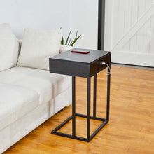 Load image into Gallery viewer, 26"H Modern Industrial Black Wood/Metal C Side & End Table with a Drawer and 2 USB Charging Ports