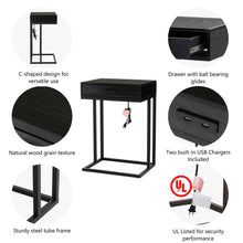 Load image into Gallery viewer, 26"H Modern Industrial Black Wood/Metal C Side & End Table with a Drawer and 2 USB Charging Ports