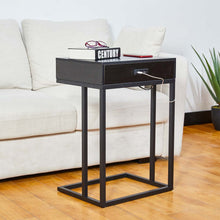 Load image into Gallery viewer, 26"H Modern Industrial Black Wood/Metal C Side & End Table with a Drawer and 2 USB Charging Ports