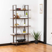 Load image into Gallery viewer, 72"H Modern Industrial Brown Wood/Metal 5-Tier Bookcases & Shelves