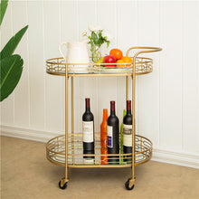 Load image into Gallery viewer, 30.75"H 2-Tier Gold Deluxe Metal Oval Mirrored Bar Cart