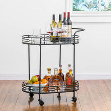 Load image into Gallery viewer, 30.75"H Black Deluxe 2-Tier Metal Oval Mirrored Bar Cart