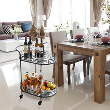 Load image into Gallery viewer, 30.75"H Black Deluxe 2-Tier Metal Oval Mirrored Bar Cart