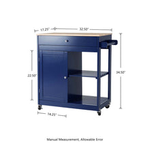 Load image into Gallery viewer, 34.25"H Navy Blue Wooden Basic Kitchen Cart/Island with Solid Oak Top