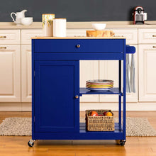 Load image into Gallery viewer, 34.25"H Navy Blue Wooden Basic Kitchen Cart/Island with Solid Oak Top