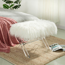 Load image into Gallery viewer, 25.6"L White and Clear Faux Fur Upholstered Bench with Acrylic X-Leg