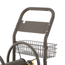 Load image into Gallery viewer, 36"H Gray Steel Garden Hose Reel Cart with Wheels and Steel Basket