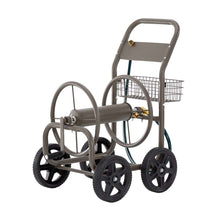 Load image into Gallery viewer, 36"H Gray Steel Garden Hose Reel Cart with Wheels and Steel Basket