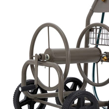 Load image into Gallery viewer, 36"H Gray Steel Garden Hose Reel Cart with Wheels and Steel Basket