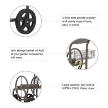 Load image into Gallery viewer, 36"H Gray Steel Garden Hose Reel Cart with Wheels and Steel Basket