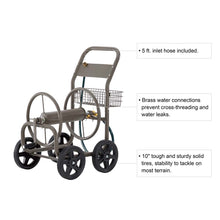 Load image into Gallery viewer, 36"H Gray Steel Garden Hose Reel Cart with Wheels and Steel Basket