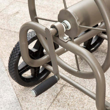 Load image into Gallery viewer, 36"H Gray Steel Garden Hose Reel Cart with Wheels and Steel Basket