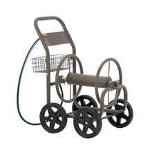 Load image into Gallery viewer, 36"H Gray Steel Garden Hose Reel Cart with Wheels and Steel Basket