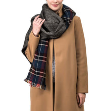 Load image into Gallery viewer, Unisex Oversized Gray, White and Beige Plaid Reversible Scarf with Fringes