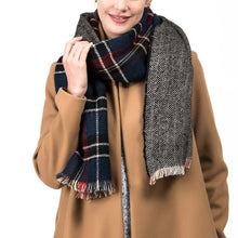 Load image into Gallery viewer, Unisex Oversized Gray, White and Beige Plaid Reversible Scarf with Fringes