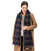 Load image into Gallery viewer, Unisex Oversized Gray, White and Beige Plaid Reversible Scarf with Fringes