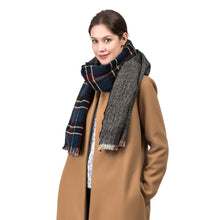 Load image into Gallery viewer, Unisex Oversized Gray, White and Beige Plaid Reversible Scarf with Fringes