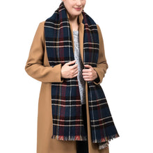 Load image into Gallery viewer, Unisex Oversized Gray, White and Beige Plaid Reversible Scarf with Fringes