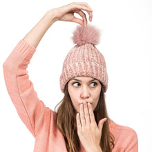 Load image into Gallery viewer, Women Rose Pink Chenille Fold-Over Beanie with Pom Pom One Size